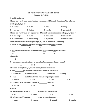 Đề thi tuyển sinh vào Lớp 10 môn Tiếng Anh - Đề số 1 - Năm học 2019-2020